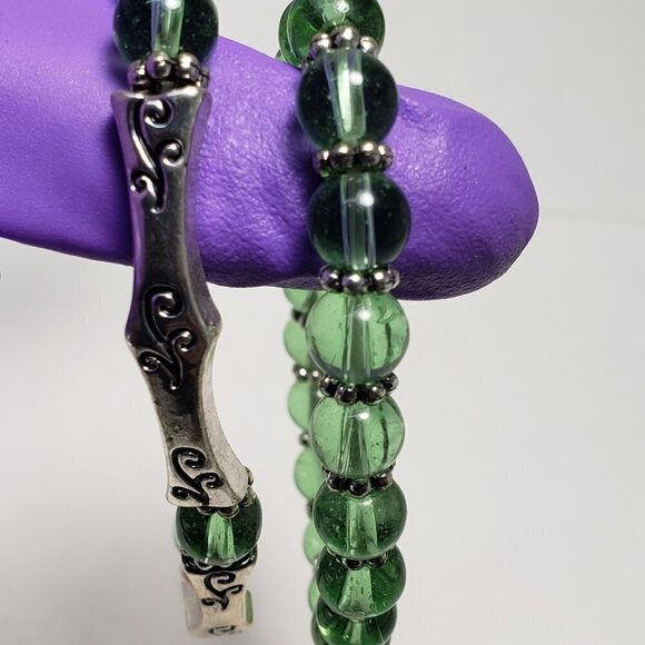 Women's Set Of 2 Silver & Green  Beaded Stretchy Bracelet -  Fashion Jewelry - Picture 7 of 7
